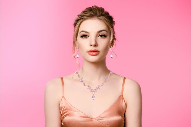 Paxuan Bridal Wedding Elegant Floral Pink Jewelry Set for Women/Brides/Bridesmaids Crystal Jewelry Set for Wedding Prom Party Bridal Crystal Necklace Earrings Bracelet Set - Image 4