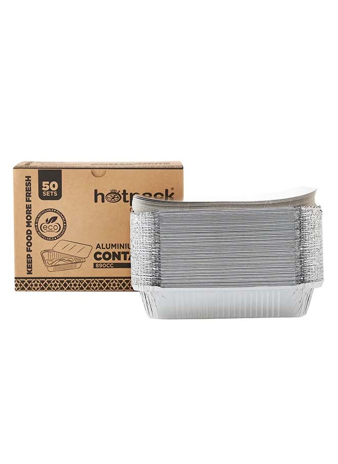 Hotpack هوت باك حافظة طعام مستطيلة من الألومنيوم للاستعمال مرة واحدة فضي 890 مل مع غطاء 50 قطعة 