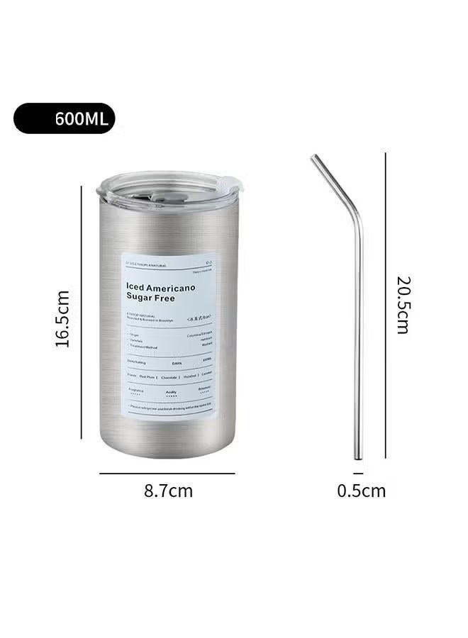 كوب قهوة مثلج سعة 600 مل، كوب قهوة معزول بغطاء، كوب قهوة من الفولاذ المقاوم للصدأ، كوب قهوة مزدوج الجدار مفرغ من الهواء، كوب قهوة حراري ممتاز للسفر للمياه أو الشاي المثلج أو القهوة أو العصائر - Image 2