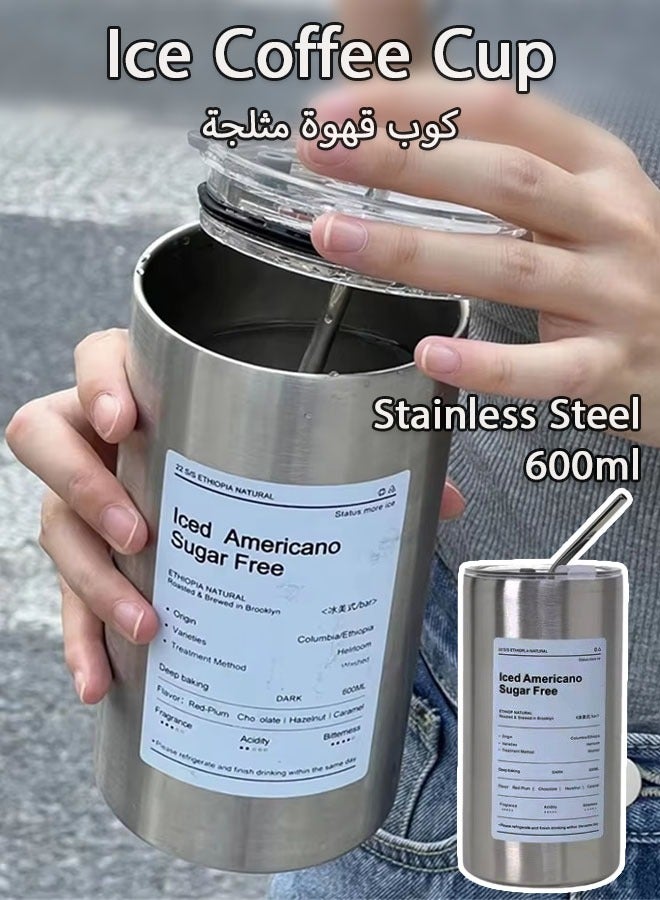 كوب قهوة مثلج سعة 600 مل، كوب قهوة معزول بغطاء، كوب قهوة من الفولاذ المقاوم للصدأ، كوب قهوة مزدوج الجدار مفرغ من الهواء، كوب قهوة حراري ممتاز للسفر للمياه أو الشاي المثلج أو القهوة أو العصائر - Image 1