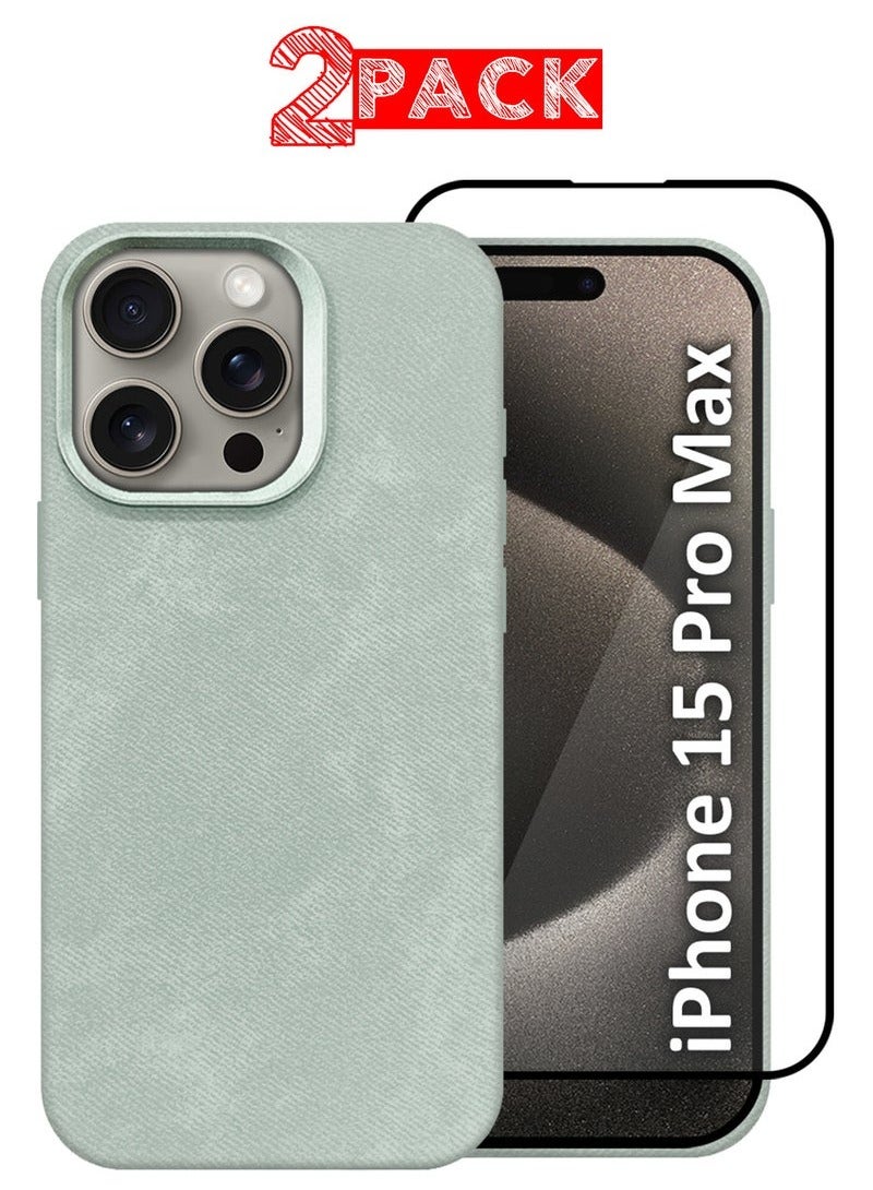 CATANES 2Packs iPhone 15 Pro Max Alcantara Case Cover Premium Quality Luxurious Soft Touch Protection with Metal Camera Frame with a 3D Screen Protector - Natural Titanium - Image 1
