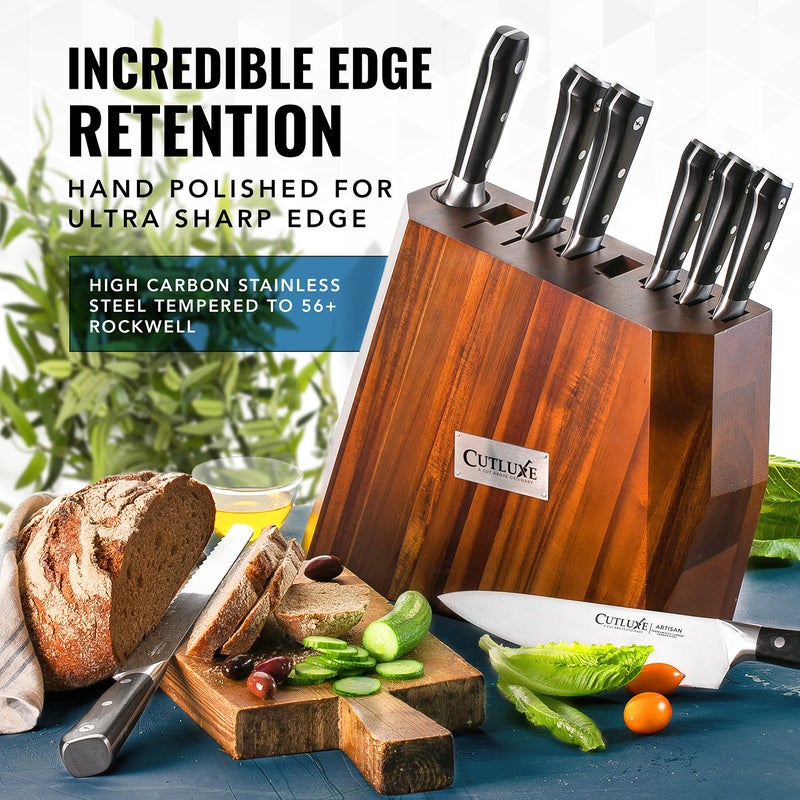 Cutluxe Kitchen Knife Set â€“ 8 Pcs Professional Chef Knife Set with Block â€“ Razor Sharp Knives with Full Tang Design, High Carbon German Steel, Natural Acacia Wood Block â€“ Artisan Series - Image 5