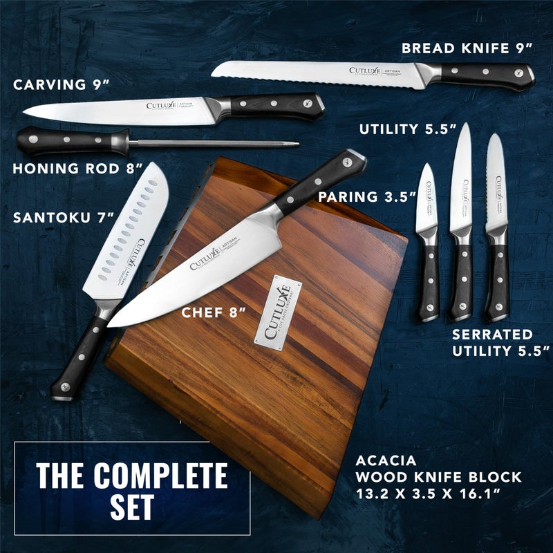 Cutluxe Kitchen Knife Set â€“ 8 Pcs Professional Chef Knife Set with Block â€“ Razor Sharp Knives with Full Tang Design, High Carbon German Steel, Natural Acacia Wood Block â€“ Artisan Series - Image 2