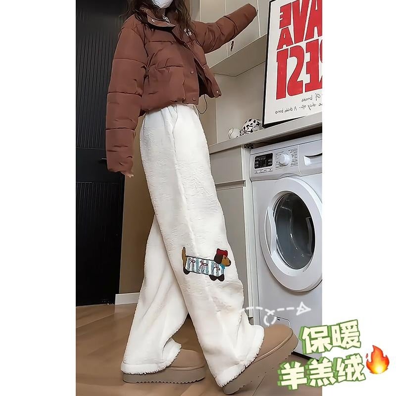khaki Puppy Embroidered Lamb Wool Cotton Pants Womens Winter Thickened Warm Cold-proof Loose All-match Casual Long Pants Khaki