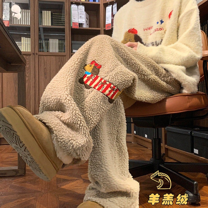 khaki Puppy Embroidered Lamb Wool Cotton Pants Womens Winter Thickened Warm Cold-proof Loose All-match Casual Long Pants Khaki