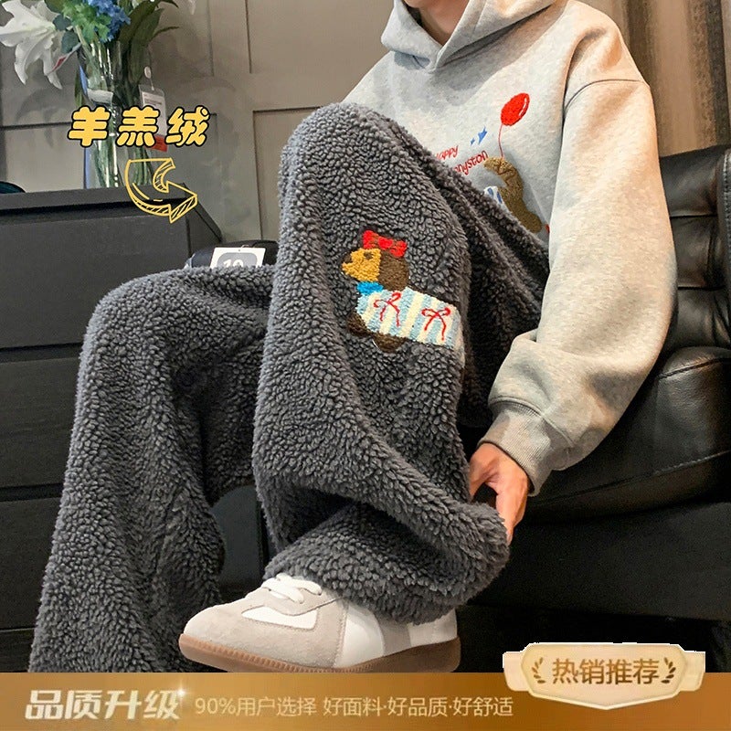 khaki Puppy Embroidered Lamb Wool Cotton Pants Womens Winter Thickened Warm Cold-proof Loose All-match Casual Long Pants Khaki