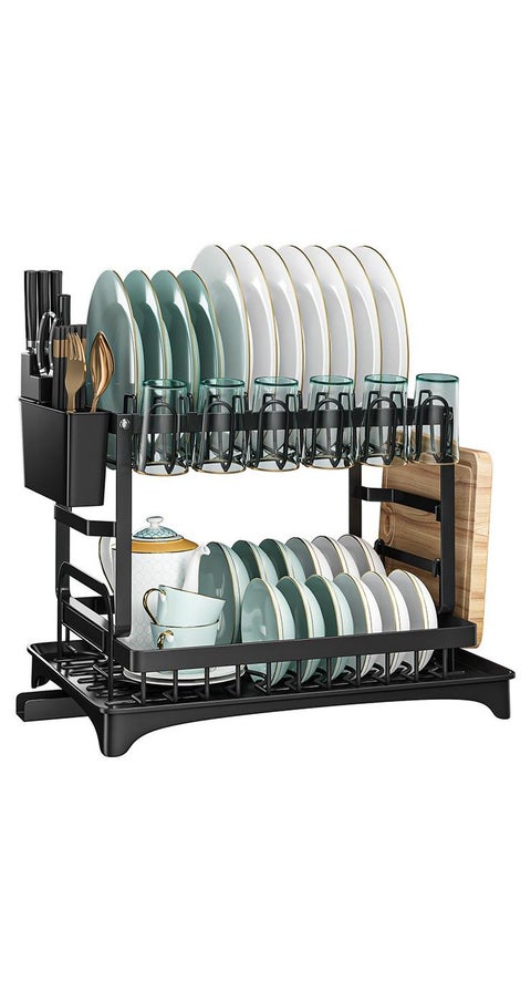 رف أطباق قابل للطي من طبقتين مع نظام تصريف دوار