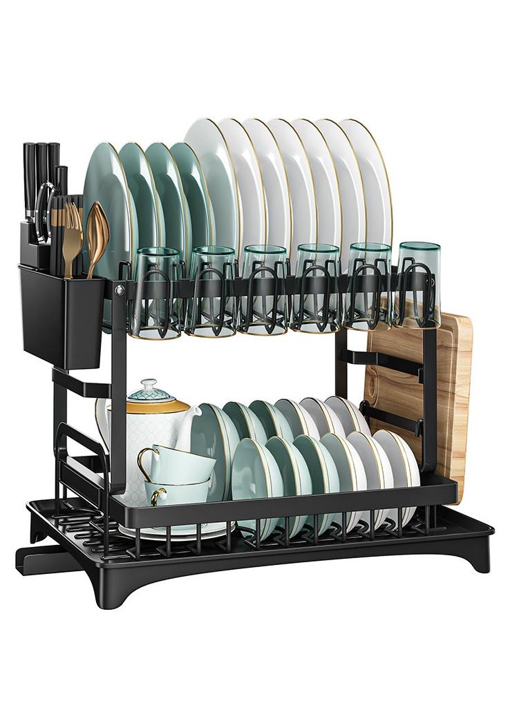 Haidue 2 Tier Foldable Dish Drying Rack with Utensil Holder & Cutting Board Holder & Drainboard Tray, Rotatable Drainage System Scratch Resistant Frosted Baking Process Coatings, Large Black UK86279 - Image 1