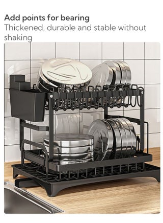 2 Tier Foldable Dish Drying Rack with Utensil Holder & Cutting Board Holder & Drainboard Tray, Rotatable Drainage System Scratch Resistant Frosted Baking Process Coatings, Large Black UK86279 - view 5