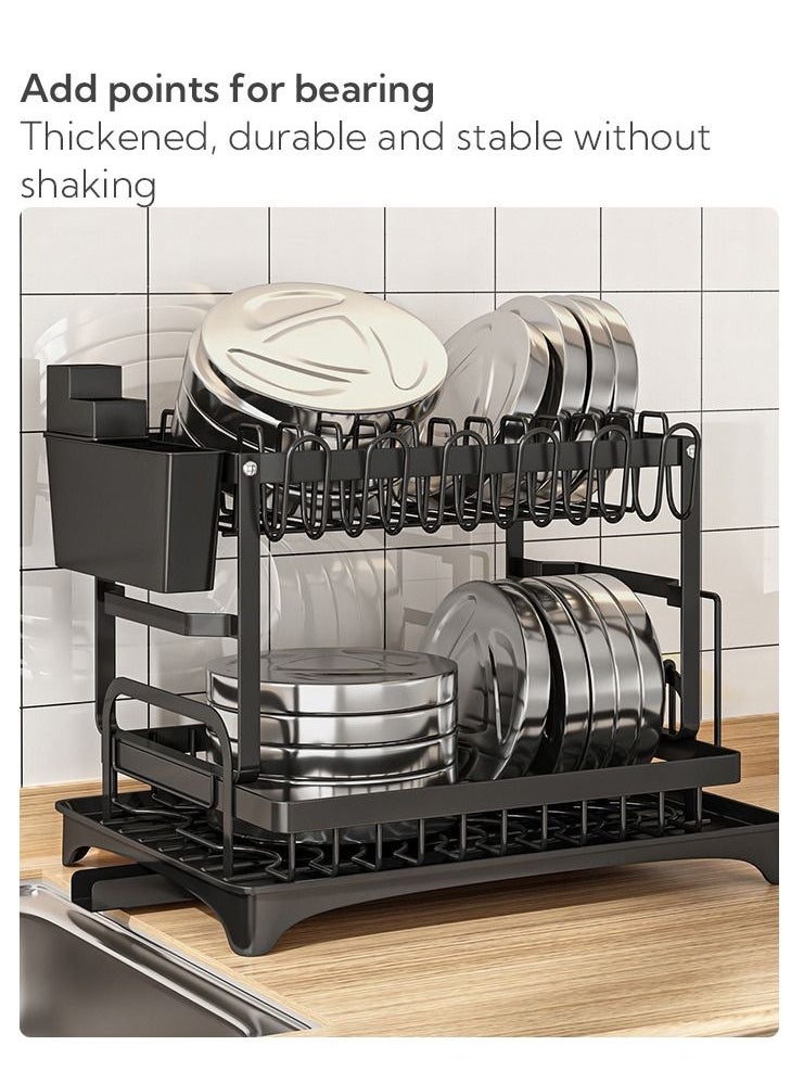 Haidue - 2 Tier Foldable Dish Drying Rack with Utensil Holder & Cutting Board Holder & Drainboard Tray, Rotatable Drainage System Scratch Resistant Frosted Baking Process Coatings, Large Black UK86279 - Image 1