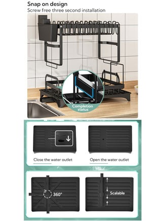 2 Tier Foldable Dish Drying Rack with Utensil Holder & Cutting Board Holder & Drainboard Tray, Rotatable Drainage System Scratch Resistant Frosted Baking Process Coatings, Large Black UK86279 - view 4