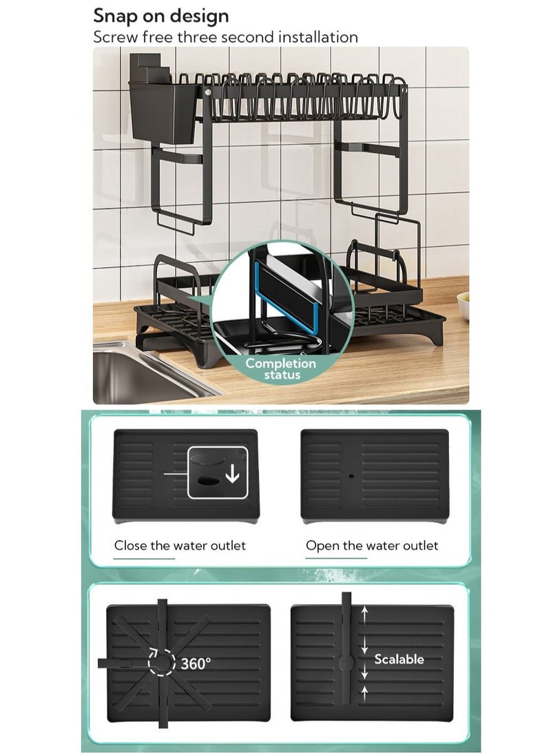 Haidue - 2 Tier Foldable Dish Drying Rack with Utensil Holder & Cutting Board Holder & Drainboard Tray, Rotatable Drainage System Scratch Resistant Frosted Baking Process Coatings, Large Black UK86279 - Image 1