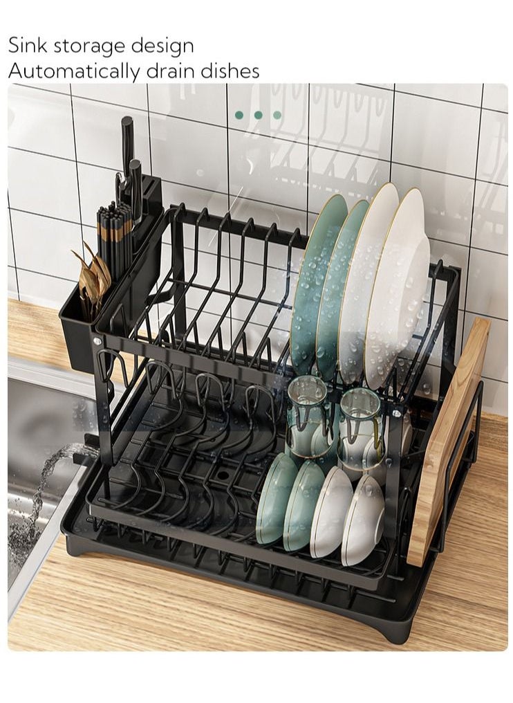 Haidue - 2 Tier Foldable Dish Drying Rack with Utensil Holder & Cutting Board Holder & Drainboard Tray, Rotatable Drainage System Scratch Resistant Frosted Baking Process Coatings, Large Black UK86279 - Image 1