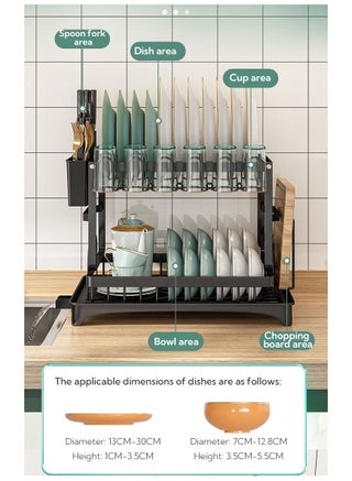2 Tier Foldable Dish Drying Rack with Utensil Holder & Cutting Board Holder & Drainboard Tray, Rotatable Drainage System Scratch Resistant Frosted Baking Process Coatings, Large Black UK86279 - view 2