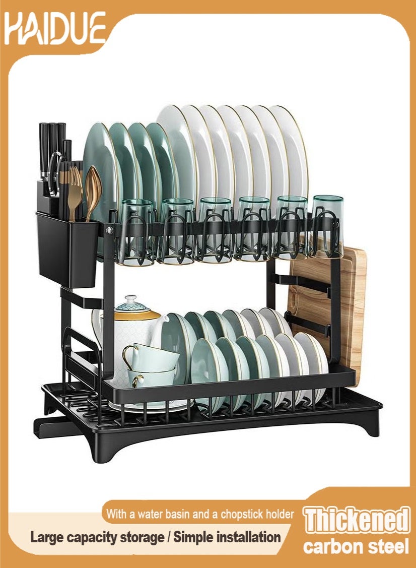 2 Tier Foldable Dish Drying Rack with Utensil Holder & Cutting Board Holder & Drainboard Tray, Rotatable Drainage System Scratch Resistant Frosted Baking Process Coatings, Large Black UK86279