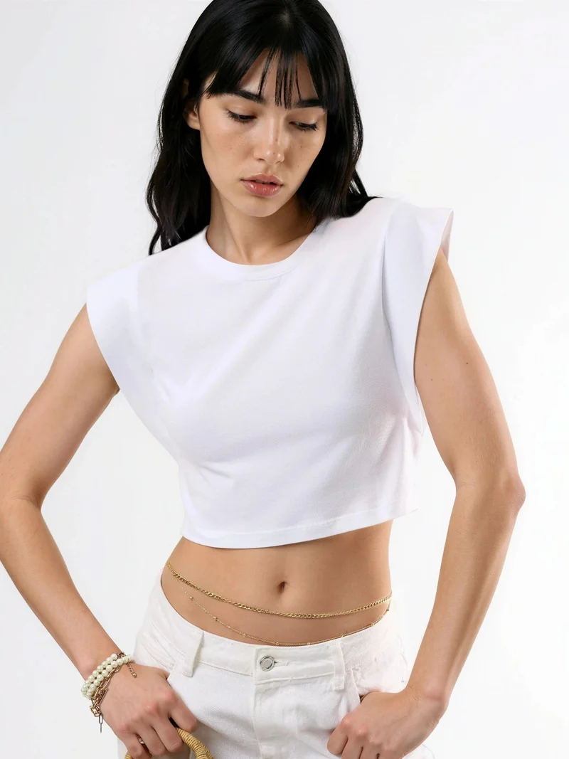 بوسيم BUSEM Crew Neck Cotton Blend Sleeveless Crop Top
