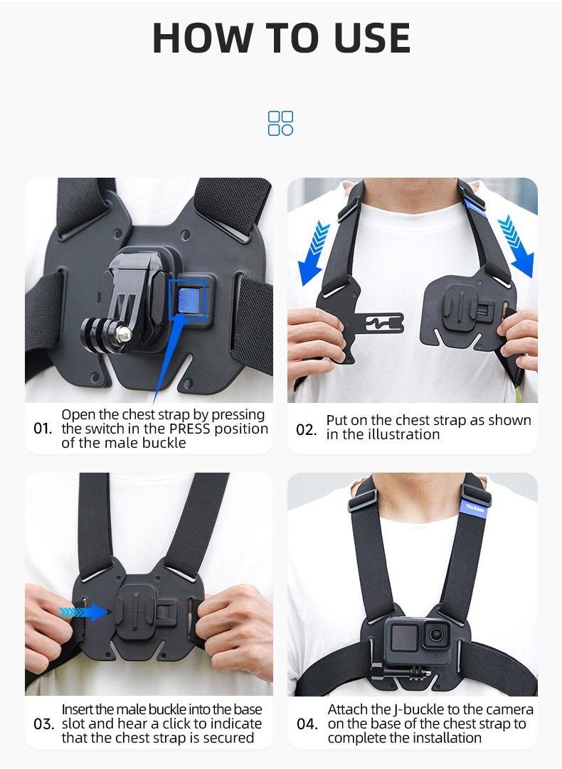 TELESIN - Chest Mount Harness Chest Strap with for GoPro Chest Mount Hero 12,11,10,9,8,7,6,5,4, Hero Session, DJI Osmo Action Cameras - Image 1