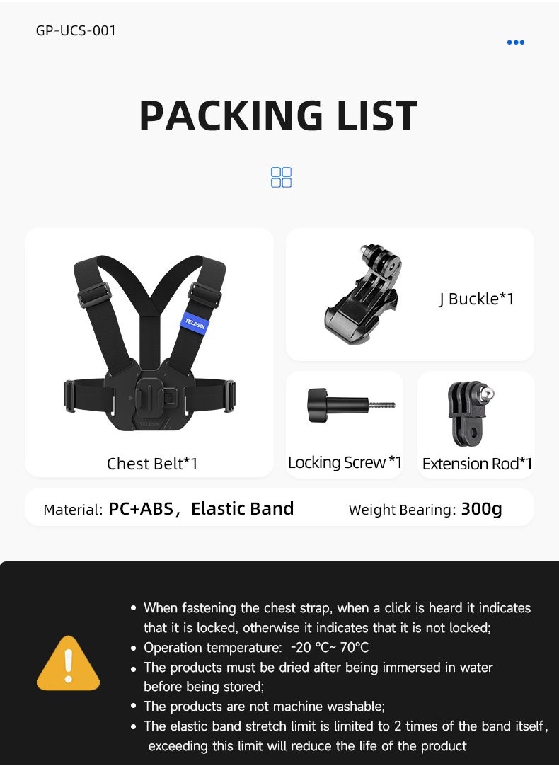 TELESIN - Chest Mount Harness Chest Strap with for GoPro Chest Mount Hero 12,11,10,9,8,7,6,5,4, Hero Session, DJI Osmo Action Cameras - Image 1