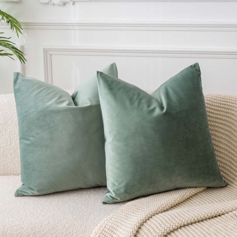 JUSPURBET Sage Velvet Throw Pillow Covers 20x20 inch Set of 2 for Living Room Couch Sofa Bedroom Decorative Square Solid Soft Cushion Cases with Invisible Zipper