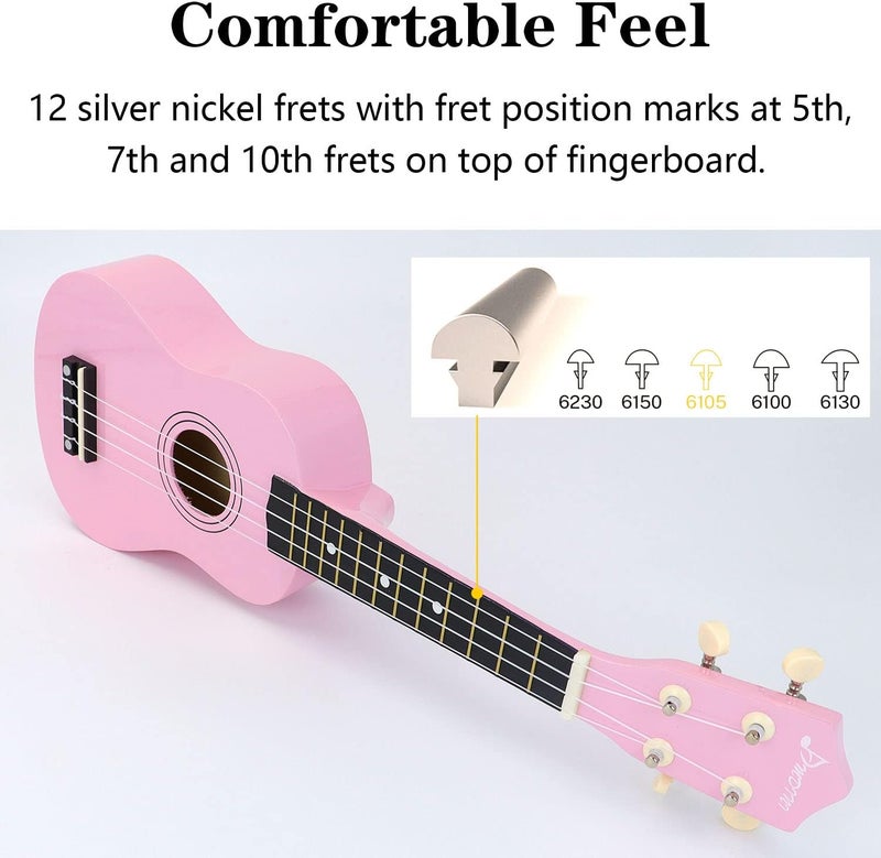 Amdini 21 Inch Ukulele for Beginners Basswood Soprano Ukelele Kit for Kids Adult Student Starter Mini Guitar Ukalelee Pack Bundle with Book Gig Bag Tuner Strap Picks Nylon Strings (Pink) - Image 5