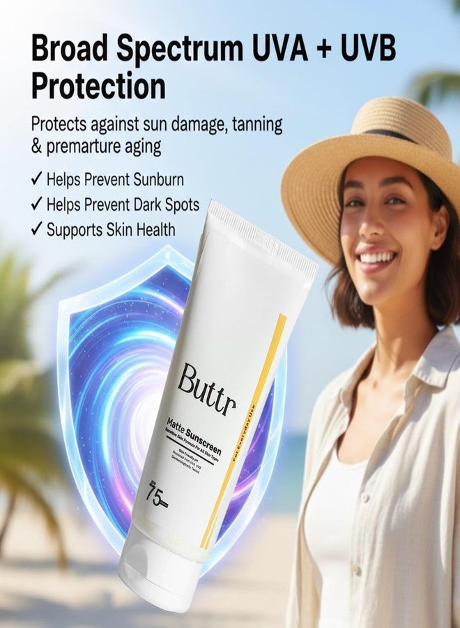 Buttr Matte Sunscreen SPF 75+ PA+++ | Water-Based Broad Spectrum Sunscreen for Oily, Combination & Normal Skin | Lightweight, Non-Greasy, No White Cast | 50g. - Image 3