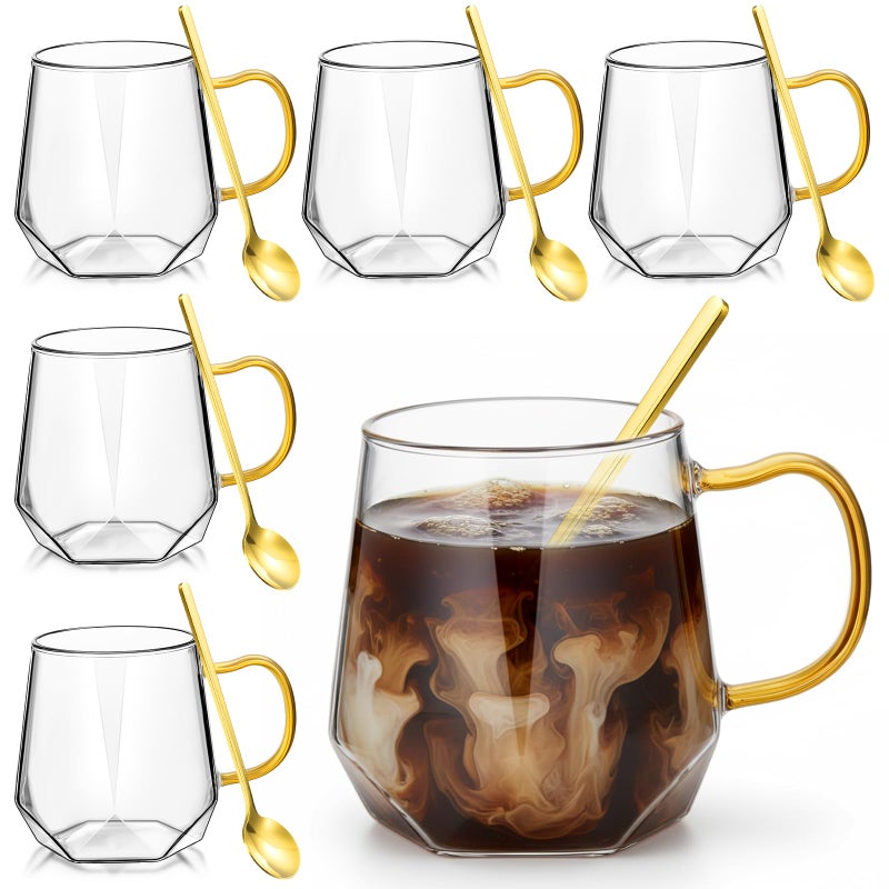 Layhit 6 Sets Glass Coffee Mugs with Handle Spoon 12 oz Clear Coffee Mugs Diamond Shaped Tea Cups Glasses for Milk, Latte, Cappuccino, Espresso, Cold or Hot Drinks - Image 1