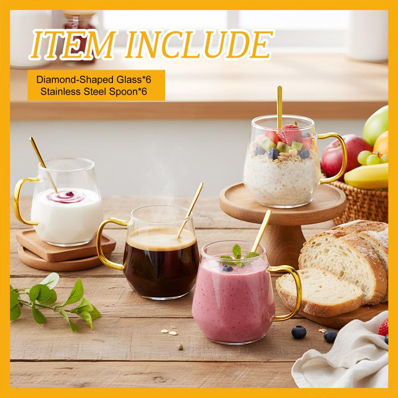 Layhit 6 Sets Glass Coffee Mugs with Handle Spoon 12 oz Clear Coffee Mugs Diamond Shaped Tea Cups Glasses for Milk, Latte, Cappuccino, Espresso, Cold or Hot Drinks - Image 4