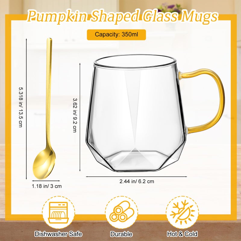 Layhit 6 Sets Glass Coffee Mugs with Handle Spoon 12 oz Clear Coffee Mugs Diamond Shaped Tea Cups Glasses for Milk, Latte, Cappuccino, Espresso, Cold or Hot Drinks - Image 2