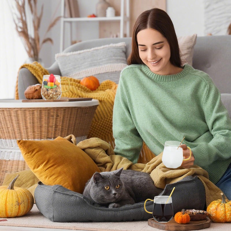 Layhit 6 Sets Glass Coffee Mugs with Handle Spoon 12 oz Clear Coffee Mugs Diamond Shaped Tea Cups Glasses for Milk, Latte, Cappuccino, Espresso, Cold or Hot Drinks - Image 5