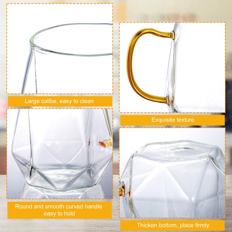 Layhit 6 Sets Glass Coffee Mugs with Handle Spoon 12 oz Clear Coffee Mugs Diamond Shaped Tea Cups Glasses for Milk, Latte, Cappuccino, Espresso, Cold or Hot Drinks - Image 3