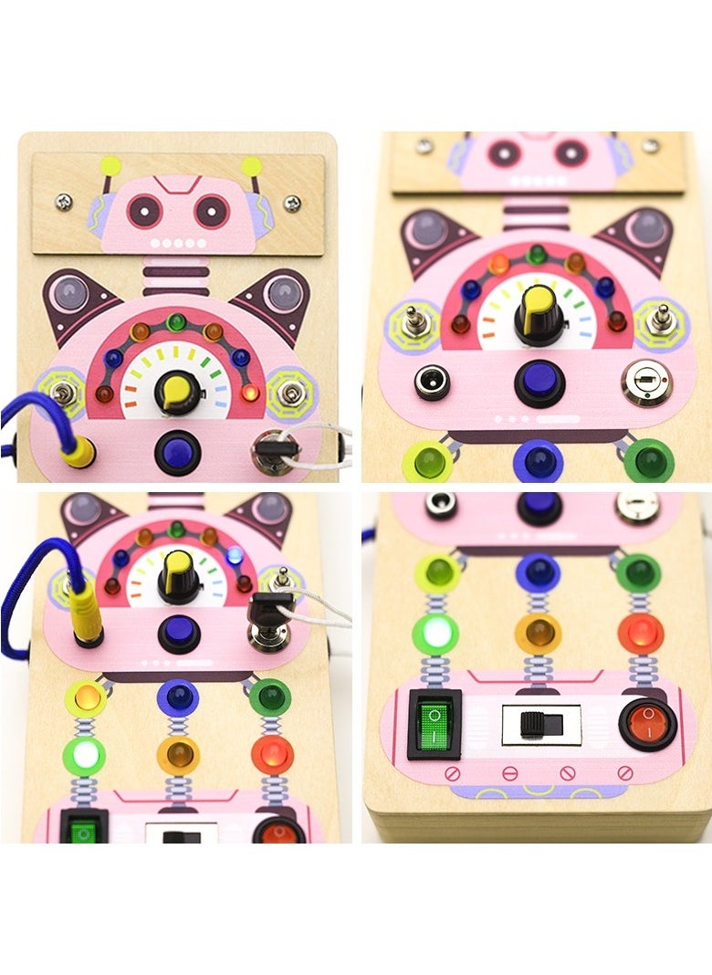 Pordi Pink Robot Busy Board for Toddlers – Montessori Sensory Toy for Kids 3+ – Wooden Activity Board with Lights, Switches & Gears – Fine Motor Skill Development Toy  - Image 3