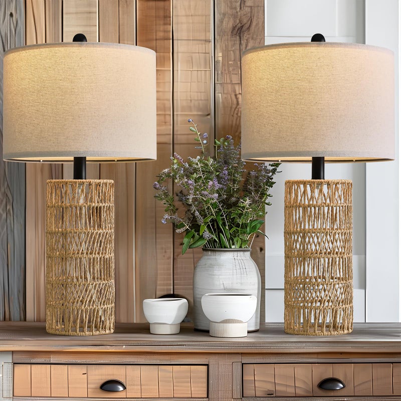 OYEARS 22.5" Boho Table Lamps Set of 2 for Living Room, Bedside Lamp for Nightstands, Rattan Lamp for Bedroom, Farmhouse Table Lamp for Room Decor, End Table, Retro, Brownï¼ˆNot Include Bulbsï¼‰ - Image 5