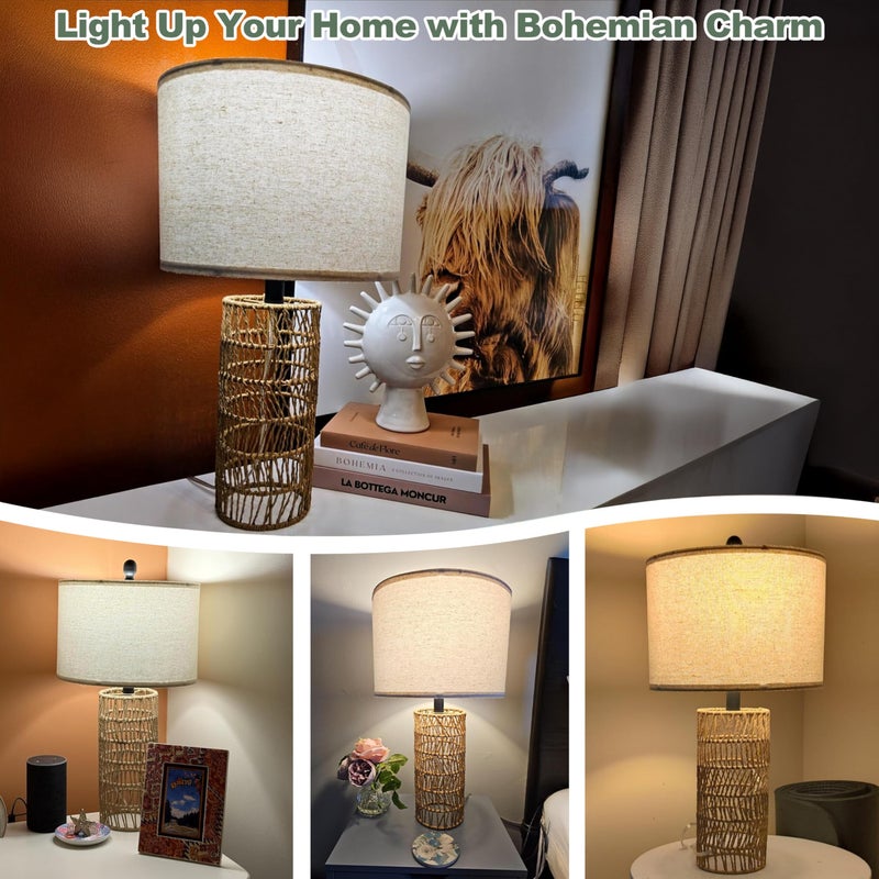 OYEARS 22.5" Boho Table Lamps Set of 2 for Living Room, Bedside Lamp for Nightstands, Rattan Lamp for Bedroom, Farmhouse Table Lamp for Room Decor, End Table, Retro, Brownï¼ˆNot Include Bulbsï¼‰ - Image 4