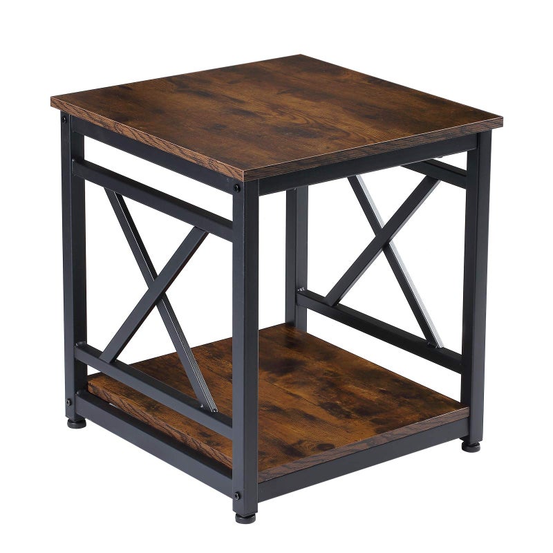 KSWIN Industrial End Table Side Table with 2Tier Storage Shelf 18 Square Nightstand Bedside Table XDesign Metal Frame for Living Room Bedroom Rustic Brown
