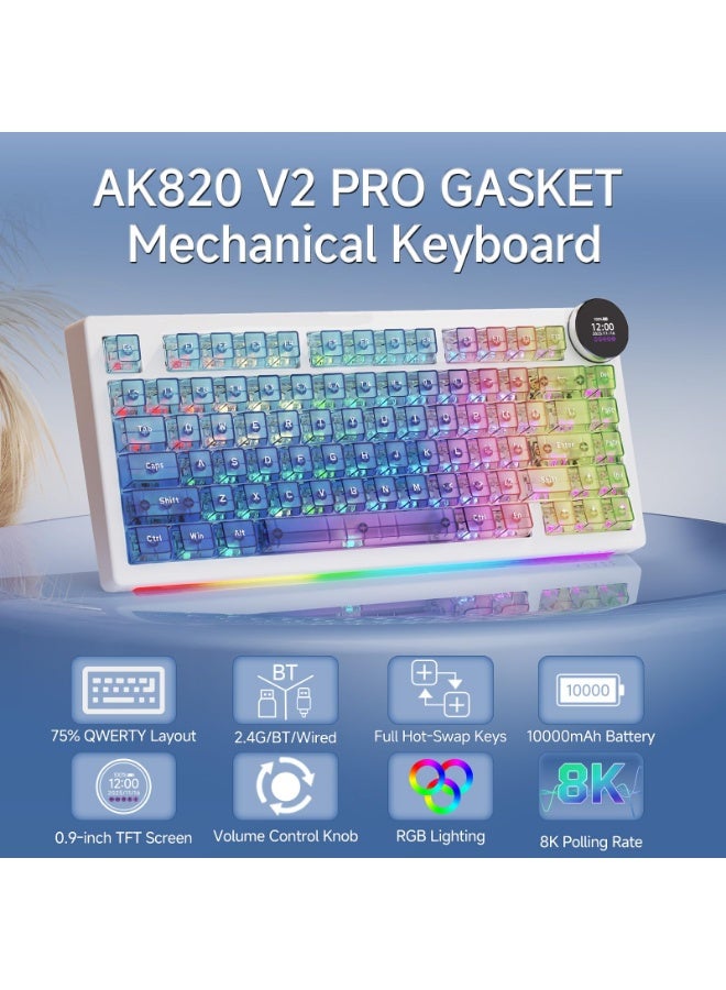A-jazz AK820 V2 8K gaming keyboard, featuring a screen display, wireless mechanical keyboard with RGB backlight, compact mechanical keyboard design, and an ultra-long battery life of 10,000 mAh. It supports three connection modes (2.4 GHz/Bluetooth/wired) and hot-swappable switches - Image 2