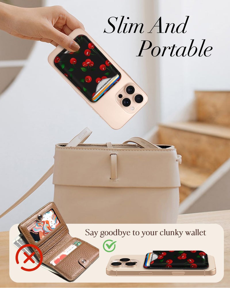 Shorogyt Compatible with Magsafe Wallet Magnetic Card Holder - Cherry Phone Wallets for Women Teen Girls Cute for iPhone 17/16/15/14/13/12 Series Slim for Apple Mag RFID Magnet, Fit 3 Cards - Image 2
