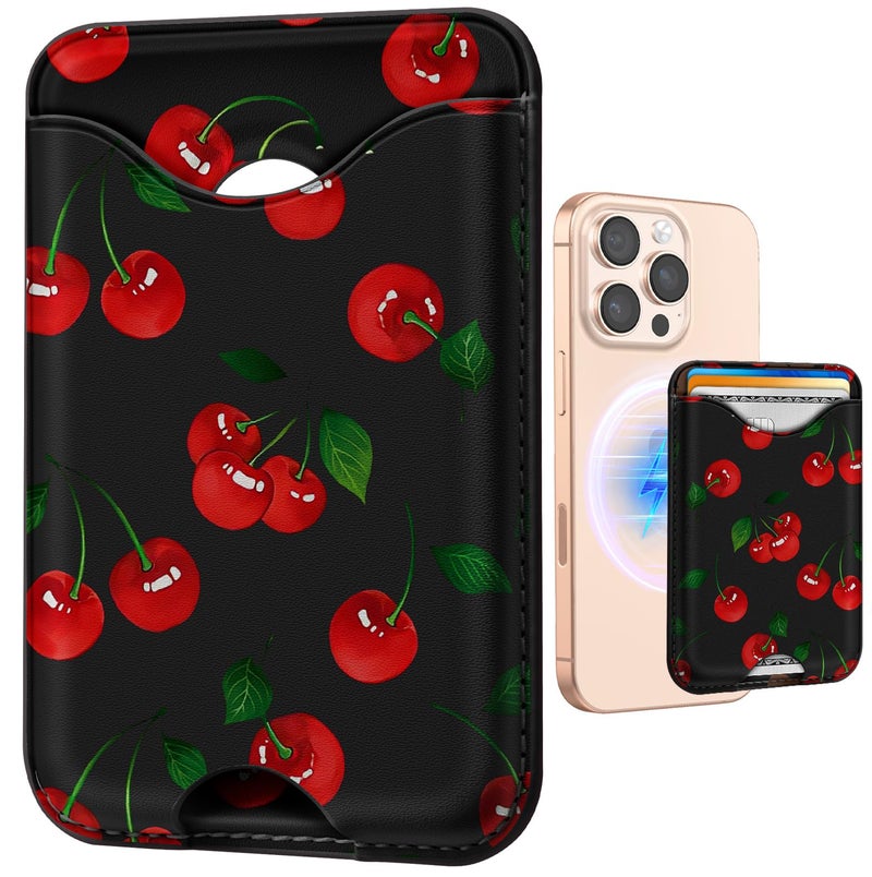 Shorogyt Compatible with Magsafe Wallet Magnetic Card Holder - Cherry Phone Wallets for Women Teen Girls Cute for iPhone 17/16/15/14/13/12 Series Slim for Apple Mag RFID Magnet, Fit 3 Cards - Image 1