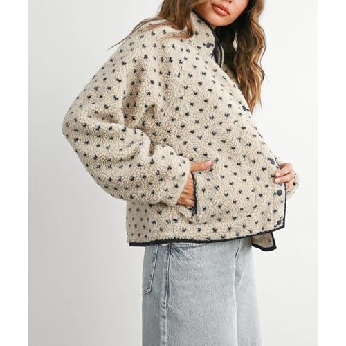 SeeLuNa Slouchy Fleece Jacket Women Long Sleeve Button Down High Neck Polka Dot Puffer Jackets Sherpa Overcoat with Pockets(Beige,L) - Image 5