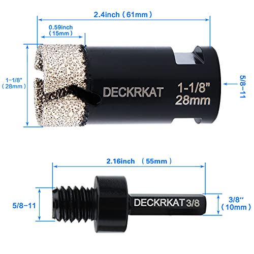 DECKRKAT Diamond Hole Saw, 1-1/8" Hole Saw for Tiles Granite Marble Ceramic Glass Porcelain, 28mm Core Drill Bit with 5/8-11 Thread and 3/8” Hex Shank Adapter for Angle Grinders & Drills - Image 2