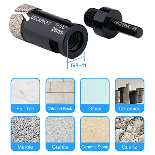 DECKRKAT Diamond Hole Saw, 1-1/8" Hole Saw for Tiles Granite Marble Ceramic Glass Porcelain, 28mm Core Drill Bit with 5/8-11 Thread and 3/8” Hex Shank Adapter for Angle Grinders & Drills - Image 5