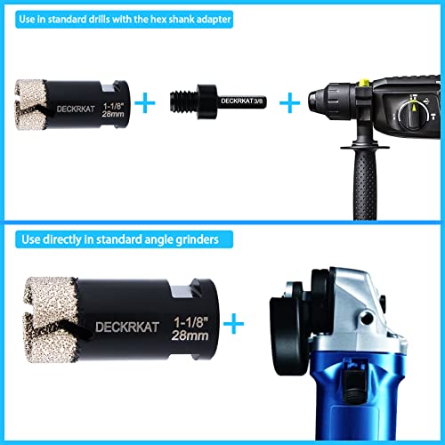 DECKRKAT Diamond Hole Saw, 1-1/8" Hole Saw for Tiles Granite Marble Ceramic Glass Porcelain, 28mm Core Drill Bit with 5/8-11 Thread and 3/8” Hex Shank Adapter for Angle Grinders & Drills - Image 3