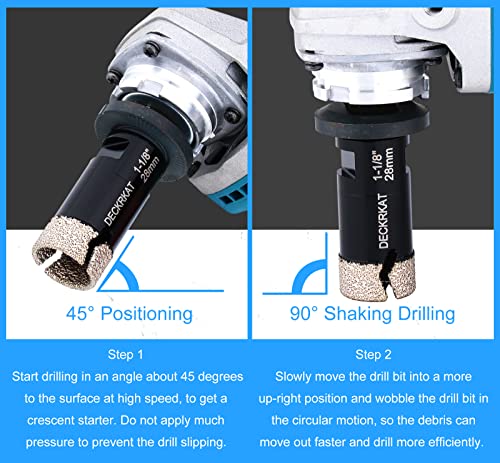 DECKRKAT Diamond Hole Saw, 1-1/8" Hole Saw for Tiles Granite Marble Ceramic Glass Porcelain, 28mm Core Drill Bit with 5/8-11 Thread and 3/8” Hex Shank Adapter for Angle Grinders & Drills - Image 4