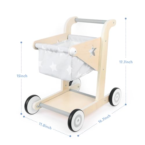 Asweets 2 in 1 Wooden Baby Walker Push and Pull Doll Stroller Shopping Cart Learning Walker for Boys and Girls Sit Stand Learning Toddler Toy Grey - Image 5