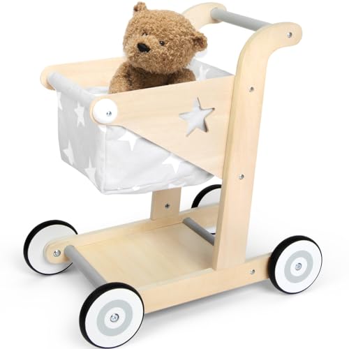 Asweets 2 in 1 Wooden Baby Walker Push and Pull Doll Stroller Shopping Cart Learning Walker for Boys and Girls Sit Stand Learning Toddler Toy Grey - Image 1
