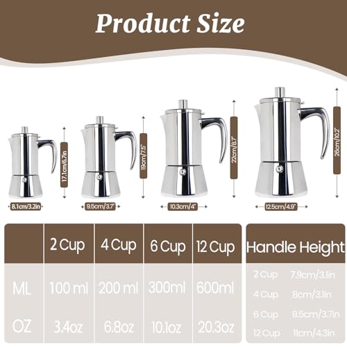 Supvision 4 Cup Thickened Moka Pot 304 Stainless Steel 200ml Italian Espresso Coffee Maker Stovetop CoffeeMakers Mocha Pot Percolator for Induction Stove Classic Cafe Makers Portable for Easy Brewing - Image 2