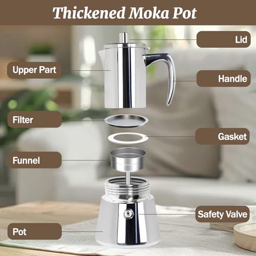Supvision 4 Cup Thickened Moka Pot 304 Stainless Steel 200ml Italian Espresso Coffee Maker Stovetop CoffeeMakers Mocha Pot Percolator for Induction Stove Classic Cafe Makers Portable for Easy Brewing - Image 3