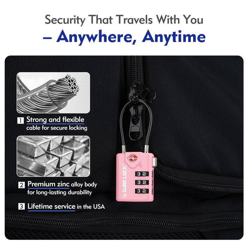 SURE LOCK TSA Compatible Travel Luggage Locks, Inspection Indicator, Easy Read Dials TSA Approved with Zinc Alloy (2, Pink 2 Pack) - Image 3