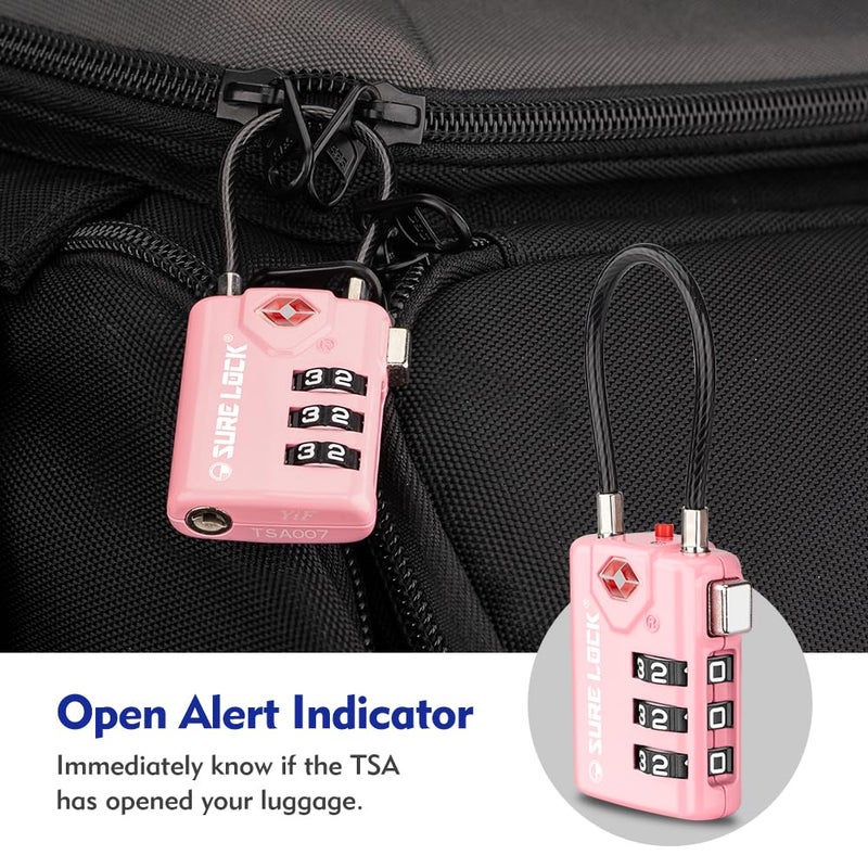 SURE LOCK TSA Compatible Travel Luggage Locks, Inspection Indicator, Easy Read Dials TSA Approved with Zinc Alloy (2, Pink 2 Pack) - Image 5