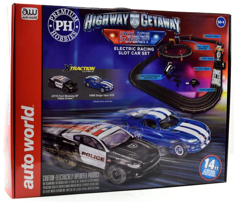 Auto WorldPremium Hobbies Highway Getaway Mustang VS Viper HO Scale Slot Car Race Set CP7974