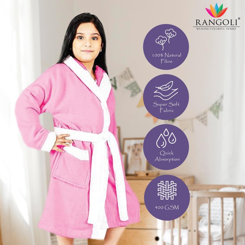 Rangoli Noble 100% Cotton Terry Kids Bathrobe, Baby Pink, 7-8 Years - Image 2